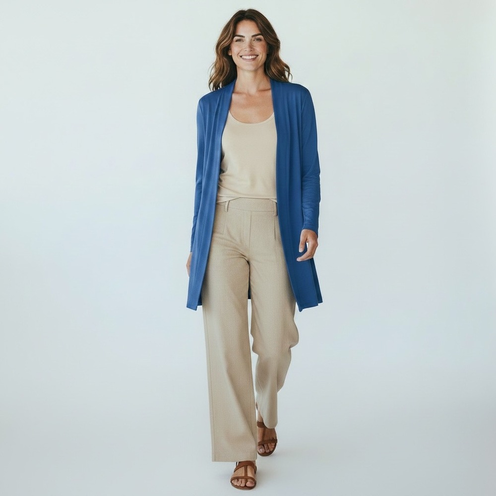 J Jill Wearever Nautical Cardigan Duster Sweater Open Front 2X Blue Long Sleeve